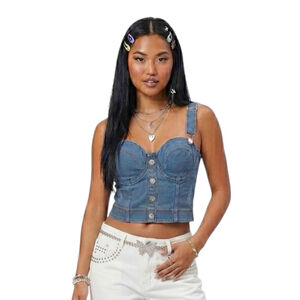 Y2K Denim Bustier Crop Top Corset Button Front Blue Jean Top L